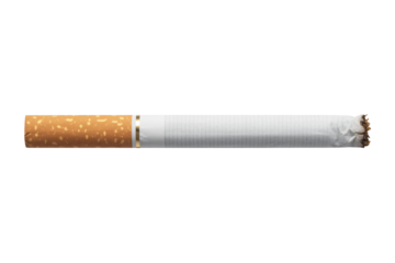 Lit cigarette with burning ash, a symbol of addiction and risk, perfect for health warnings and educational materials