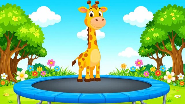Cartoon giraffe bouncing on a trampoline in a bright outdoor setting