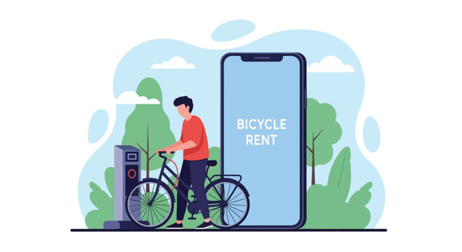 Flat vector of people renting bicycles from public station for World Public Transport Day, supporting green commuting and urban health