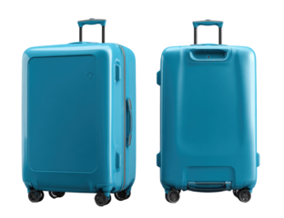 Two teal-colored hard-shell suitcases, front and back views, on a black background.  Features smooth, glossy surface, handle, and wheels