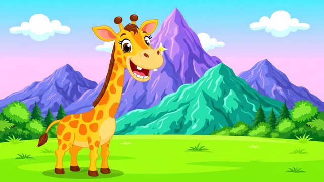 Cartoon giraffe standing in front of colorful mountains and green field