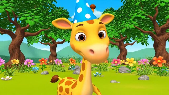 Cartoon giraffe smiling in a green field with trees and flowers