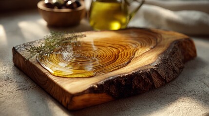 Handcrafted wooden cutting board with olive oil drizzle. Rustic texture