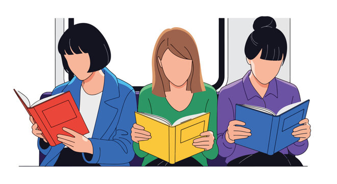 Flat vector of commuters reading books on train for World Public Transport Day, promoting mindful travel and productivity