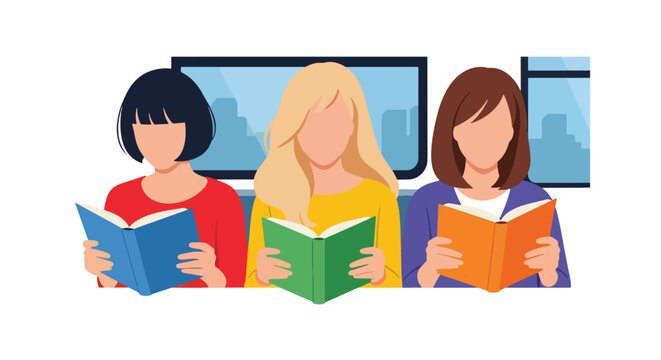 Flat vector of commuters reading books on train for World Public Transport Day, promoting mindful travel and productivity