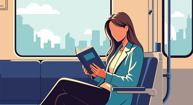 Flat vector of commuters reading books on train for World Public Transport Day, promoting mindful travel and productivity