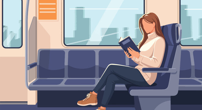 Flat vector of commuters reading books on train for World Public Transport Day, promoting mindful travel and productivity