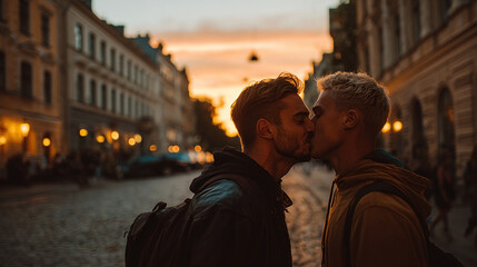 Young gay couple kissing in the evening in the city. Two guys hugging and kissing on a walk. Relationship between two people of the same sex. Gay couple sharing a tender moment on a city street. Love