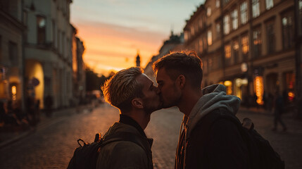 Young gay couple kissing in the evening in the city. Two guys hugging and kissing on a walk. Relationship between two people of the same sex. Gay couple sharing a tender moment on a city street. Love