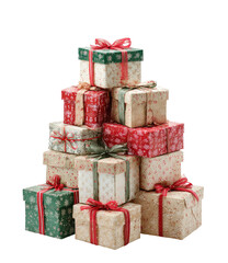 A pyramid of Christmas presents.  Stacked gift boxes in varying shades of red, green, and cream, adorned with festive patterns and red ribbons