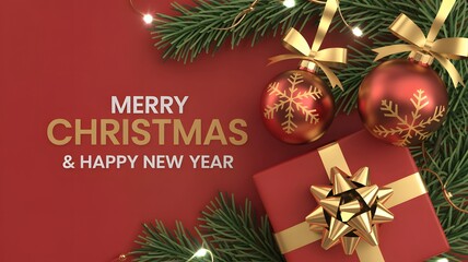 Merry Christmas and Happy New Year text on red background with pine branches, golden ornaments, gift box, and bokeh lights, 3D render