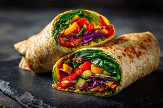 Vegan roasted vegetables wraps with hummus. Food for vegans. Healthy food