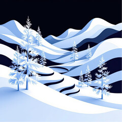 Abstract, imaginary, curved winter landscape composed of stacked snowdrifts and minimal trees, black and white.eps
