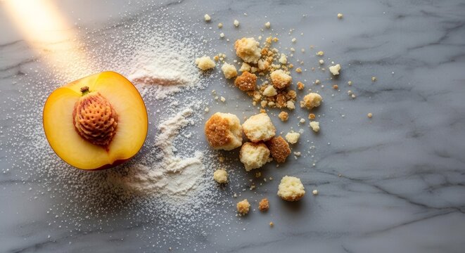 Freshly Sliced Peach With Crumbles on a Marble Surface, Lit by Sunlight