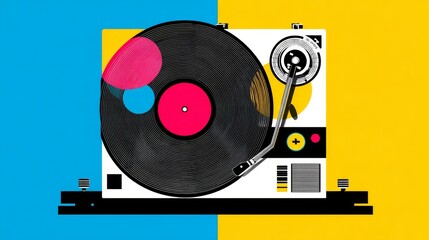 An eye-catching flat illustration of a retro yellow turntable accompanied by a black vinyl record, set on a kaleidoscopic abstract background comprising various shapes and circular motifs, inducing a