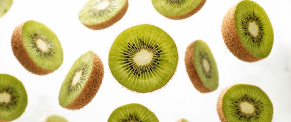 Fototapeta premium Slices of kiwi fruit floating against a stark white backdrop showcasing fresh, juicy produce.
