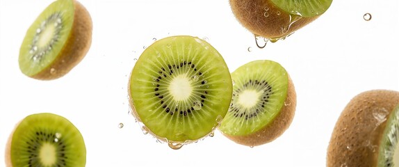 Fototapeta premium Kiwi fruit slices float mid-air, droplets of water adding freshness, showcasing vibrant green fruit.