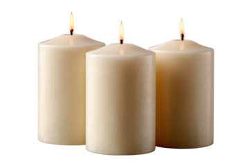 Three cream-colored cylindrical candles, upright, with lit flames
