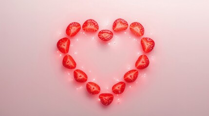 Obraz premium A heart shape is formed by strawberry slices over a pink background. Love and health concept.