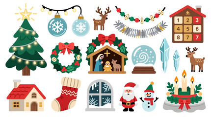 Festive Christmas cartoon illustrations set against a white backdrop for holiday-themed design, social media, or branding.