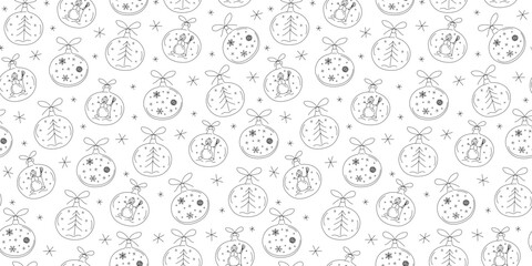 Christmas ball festive pattern. Christmas tree decorations. Set of snowflakes, snowfall, snowman, pine tree. Doodle drawing. New Year's decor. Winter vector seamless background.