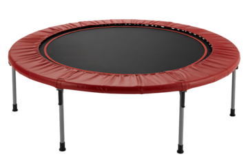 Red mini trampoline perfect for home workouts and fitness routines, offering a fun and effective exercise experience