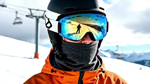 Snow sports enthusiast in vibrant orange jacket adjusts ski goggles, showcasing reflection of snowy slopes and ski lift, with a gradual zoom in capturing the excitement of winter sports