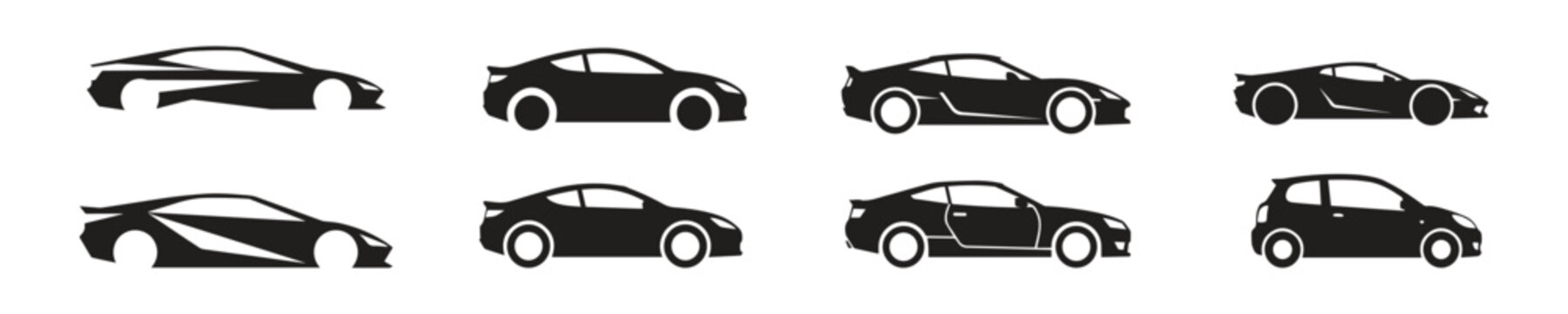 8 Car icon set. Simple and detailed auto symbol in different styles. Automobile vector illustration. Vehicle sign. Sedan silhouette.