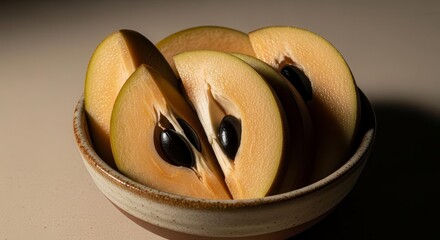 Freshly Sliced Sapodilla Fruit Pieces in a Ceramic Bowl, Close Up Shot