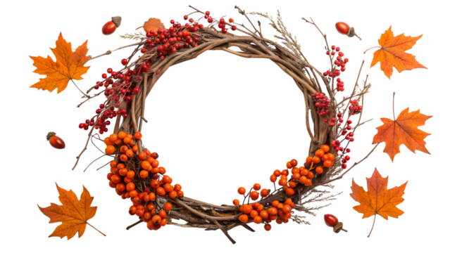 A circular wreath made of twigs, adorned with orange berries and red leaves. The background is transparent, highlighting the wreath's details. - Powered by Adobe