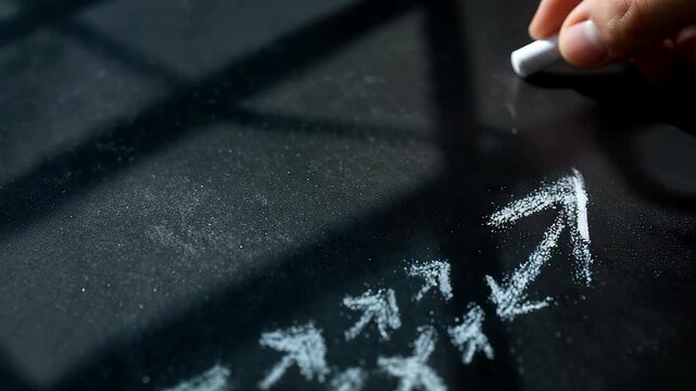 Hand drawing white chalk arrows moving upward on blackboard showing teamwork and progress concept in business education and motivation theme