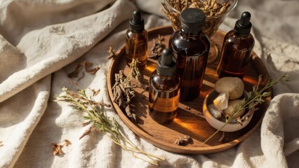 Natural essential oils and herbs displayed on wooden tray