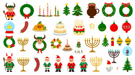 Festive flat vector set presents holiday elements like trees, ornaments, and characters. Ideal for seasonal graphics, greeting cards, and web design.