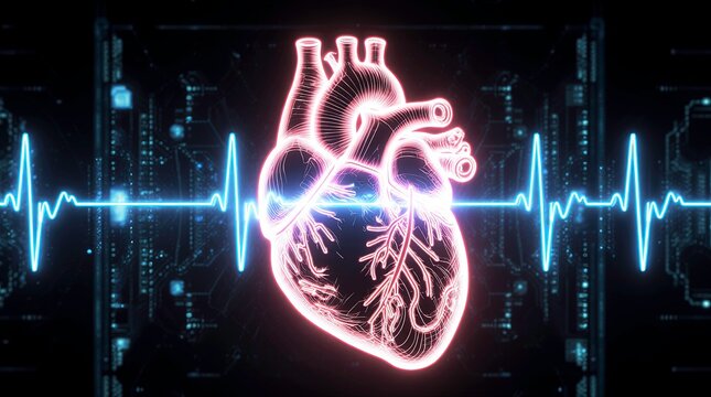 Digital hologram of a human heart with a neon blue electrocardiogram ecg line running. - Powered by Adobe