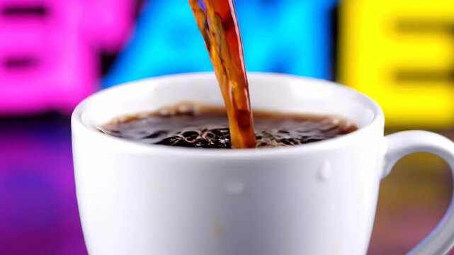 Close up of coffee pouring into a white cup with colorful background