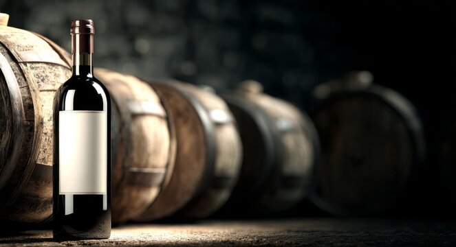 In a setting that embodies refinement and anticipation, a sleek wine bottle with a blank label takes center stage in front of a collection of wooden barrels, symbolizing the luxurious drink