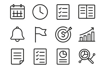 Financial Planning Icons. Financial planning. Line outline icon set of Financial planning: calendar, clock,
