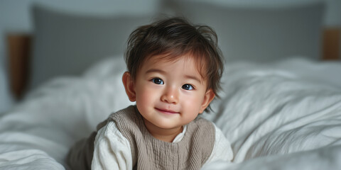 Joyful Baby Smiling on Soft Blanket in Cozy Indoor Setting