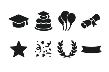 Graduate Icon Set. Graduate Celebration. Filled icon set of Graduate Celebration: graduation cap, cake,