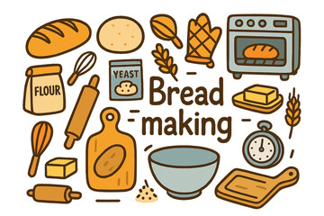 Fun Bread Baking Doodles. Bread making. Hand-drawn doodle illustration of Bread making. loaf of bread, dough
