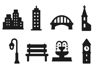 Urban Icon Set. Cityscape Sketch. Filled icon set of Cityscape Sketch: skyline, skyscraper, bridge, church