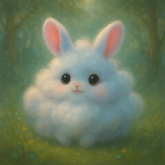Fluffy blue rabbit in a serene forest setting during daytime