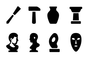 Sculpting Tools Icons. Sculpting Tools. Filled icon set of Sculpting Tools: chisel, hammer tool, clay pot,
