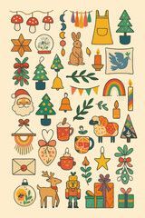 Colorful doodle style illustration features holiday motifs on a pale background. Great for social media, branding, or product photography.