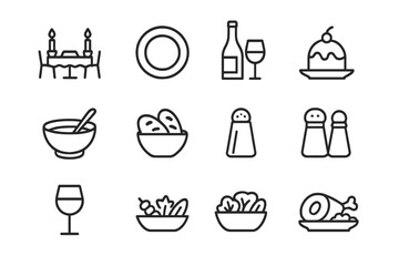 Elegant Dining Icons. Dining experience. Line outline icon set of dining experience: candlelight dinner, plate
