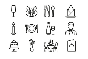 Fine Dining Icons. Fine dining. Line outline icon set of fine dining: champagne glass, lobster dish,