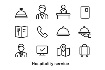 Hospitality Icons Set. Hospitality service. Line outline icon set of hospitality service: hotel bell, waiter,
