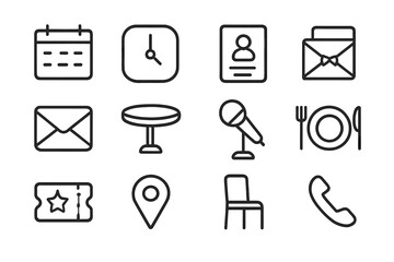 Event Booking Icons. Event booking. Line outline icon set of event booking: calendar, clock, guest list,