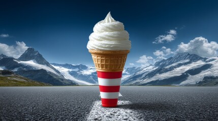 The scene features a vibrant red and white striped cup holding a white ice cream cone piled high with ice cream, all set against a dull grey road