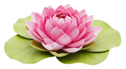 Beautiful Pink Lotus Flower Floating on Green Leaves Isolated on Transparent Background